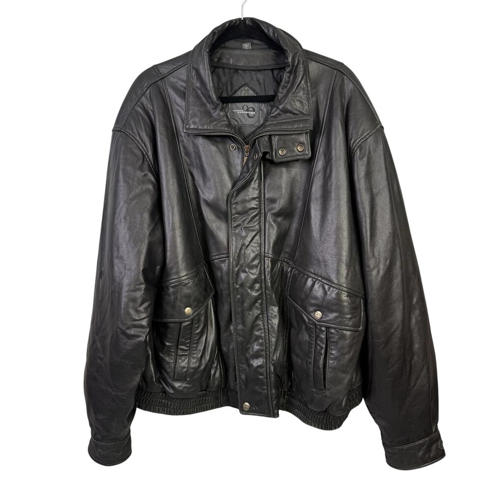 Outdoor Exchange Vintage Black Leather Bomber Jacket Size XL Zip Front Quilted
